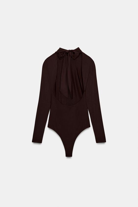Zara Polyamide Bodysuit with Ties (Dark Brown)