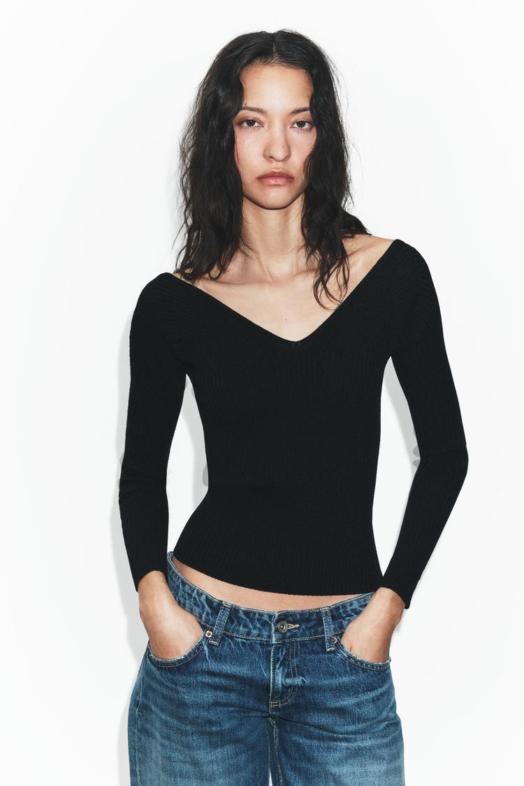 Zara Fitted Rib Knit Top (Black)