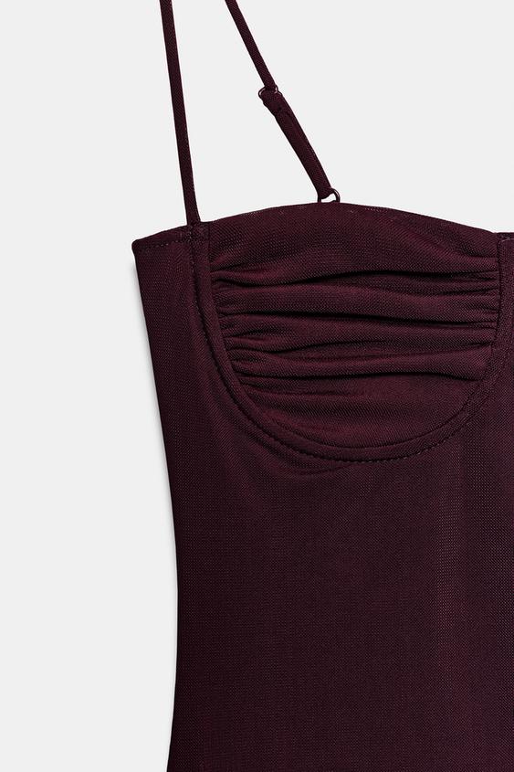 Zara Tulle Bodysuit with Gathering (Dark Aubergine)