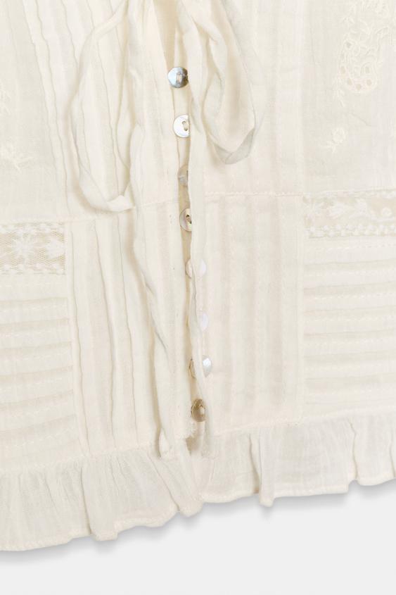 Zara Embroidered Gauze Top (Oyster-White)