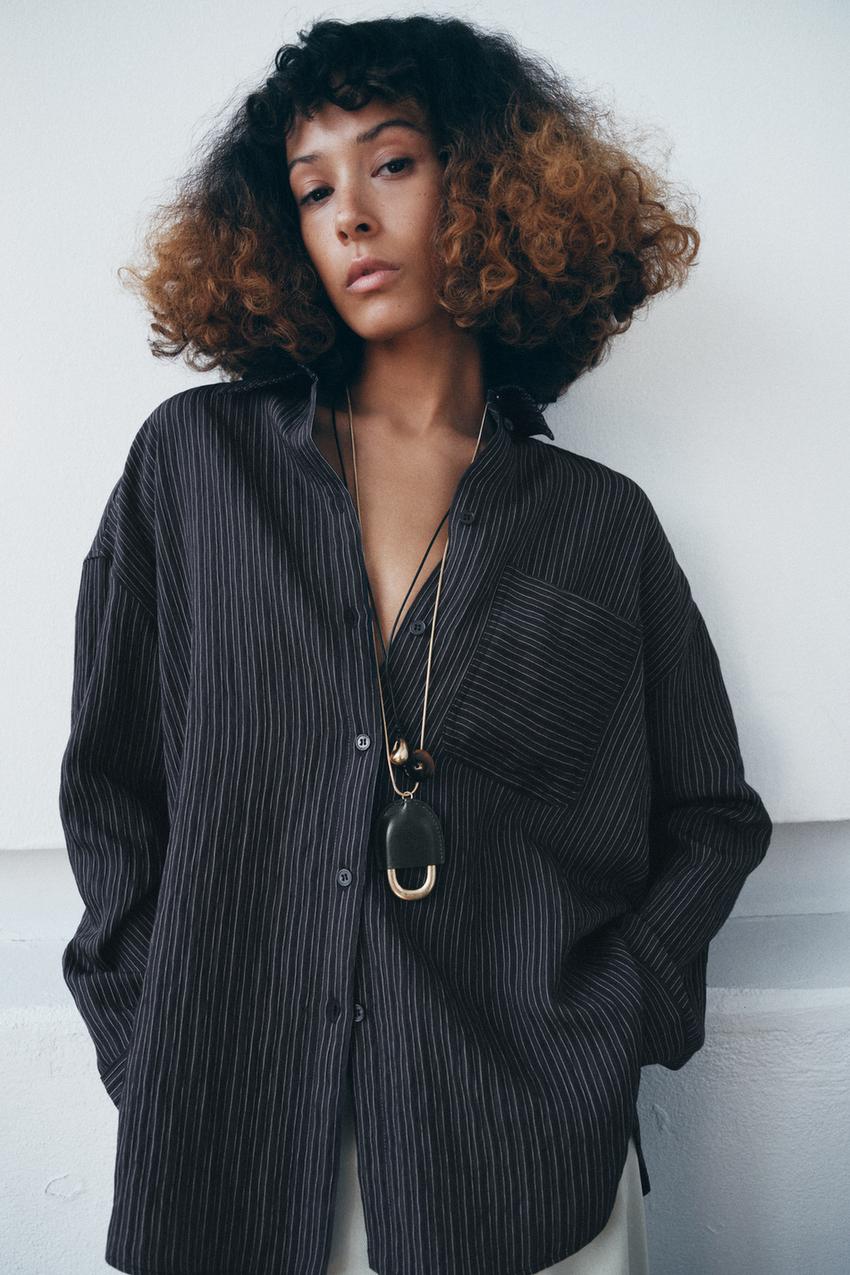 Zara ZW Collection Striped Flowing Shirt (Navy Blue)