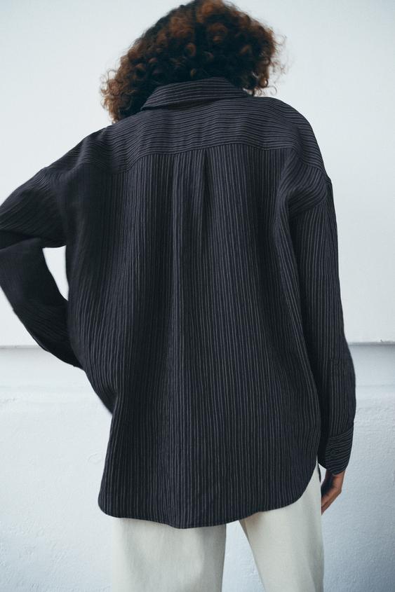 Zara ZW Collection Striped Flowing Shirt (Navy Blue)
