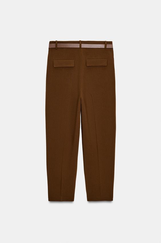 Zara Cropped Trousers with Darts and Belt (Brown)