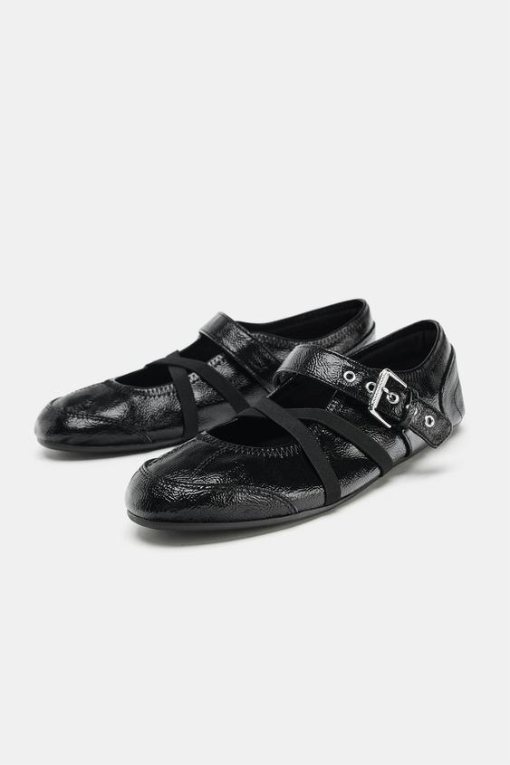 Zara Patent Effect Ballerina Shoes with Buckles (Black)
