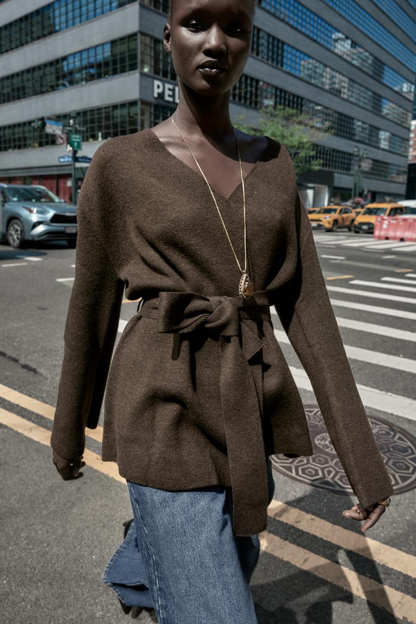 Zara Belted Knit Cardigan (Brown)