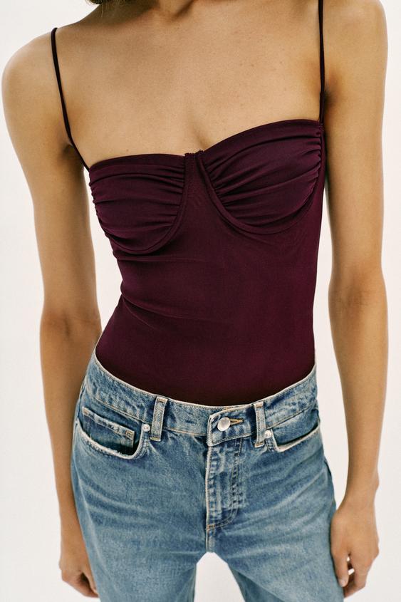 Zara Tulle Bodysuit with Gathering (Dark Aubergine)