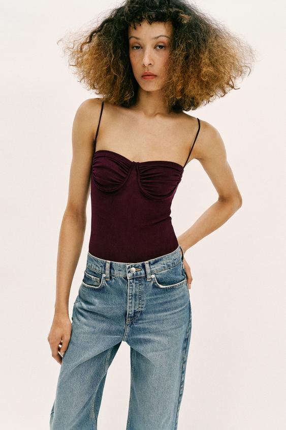 Zara Tulle Bodysuit with Gathering (Dark Aubergine)