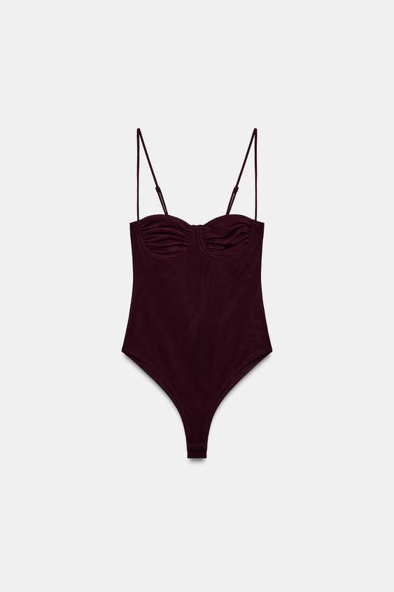Zara Tulle Bodysuit with Gathering (Dark Aubergine)