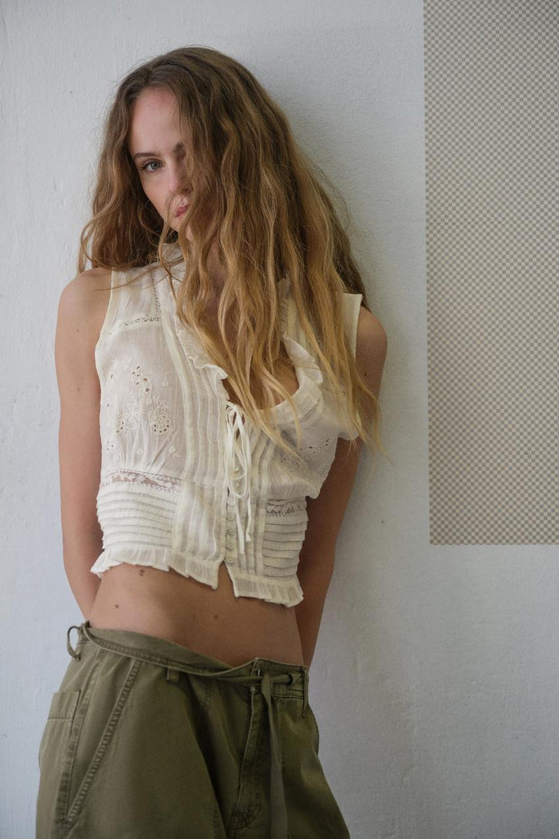 Zara Embroidered Gauze Top (Oyster-White)