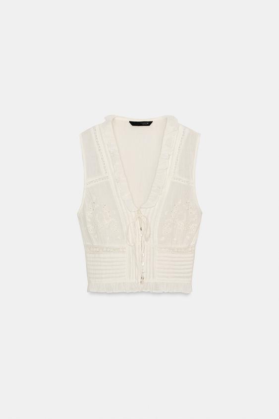 Zara Embroidered Gauze Top (Oyster-White)