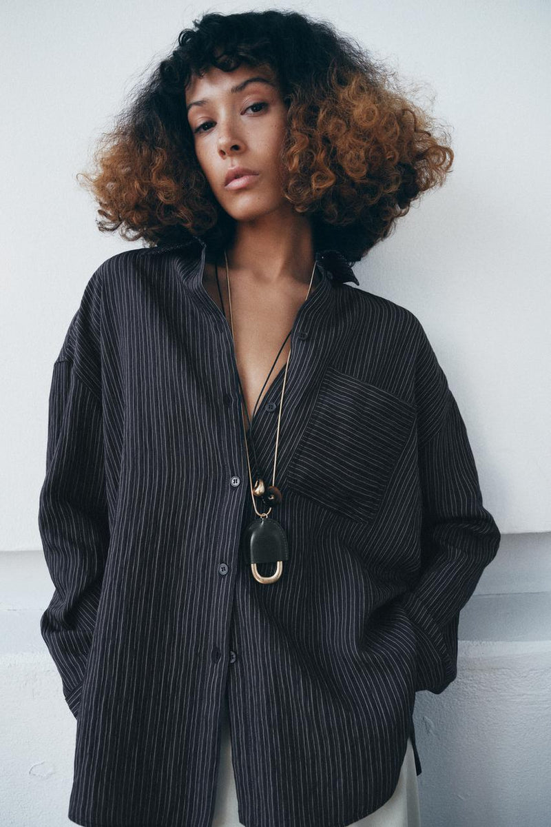 Zara ZW Collection Striped Flowing Shirt (Navy Blue)