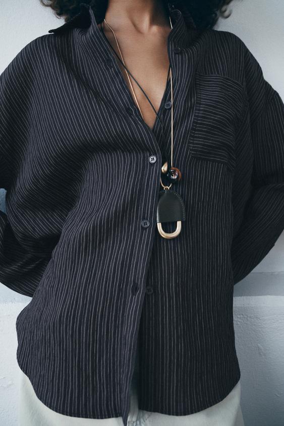 Zara ZW Collection Striped Flowing Shirt (Navy Blue)