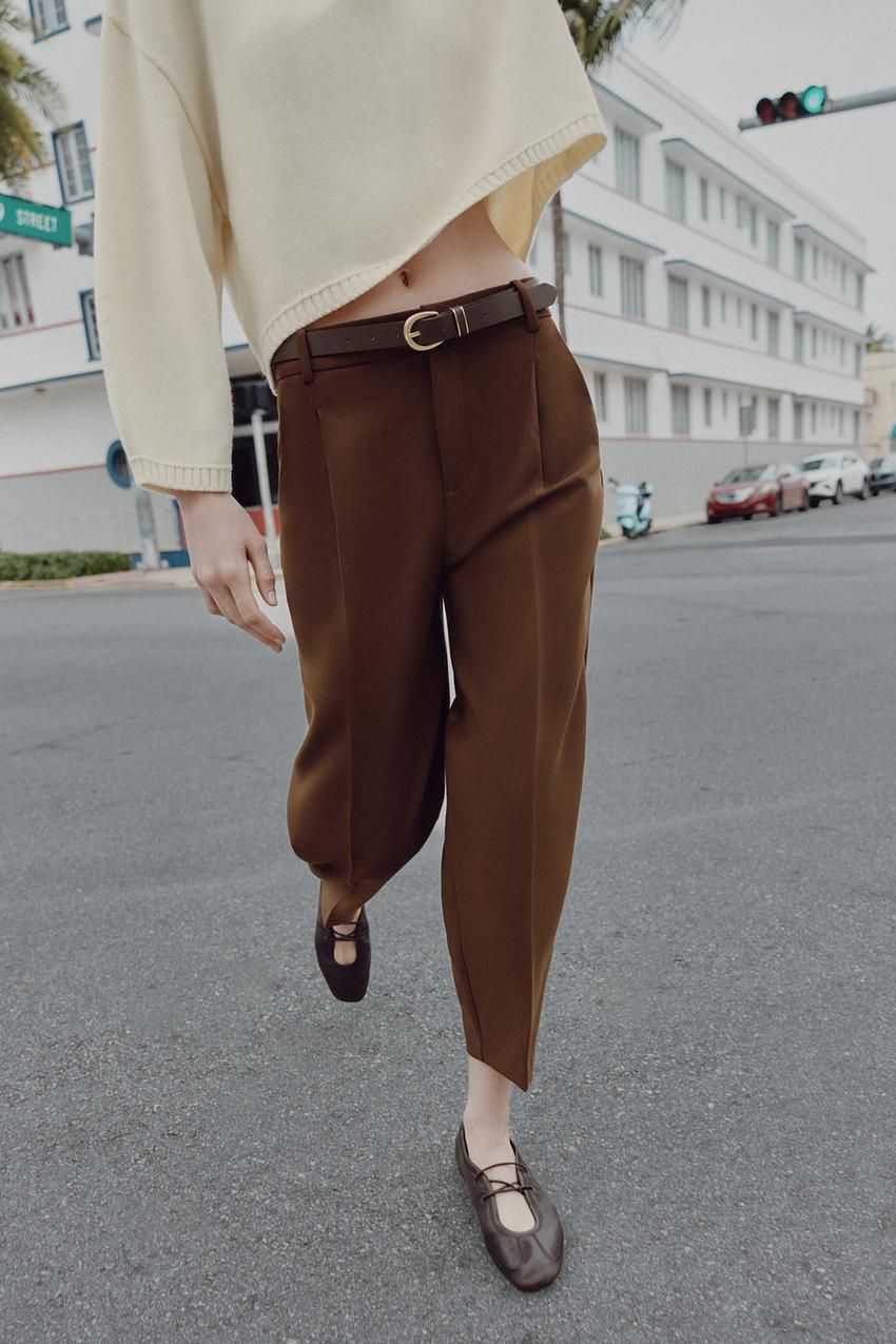 Zara Cropped Trousers with Darts and Belt (Brown)