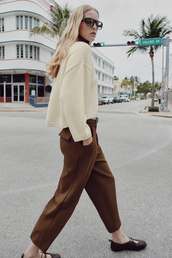 Zara Cropped Trousers with Darts and Belt (Brown)