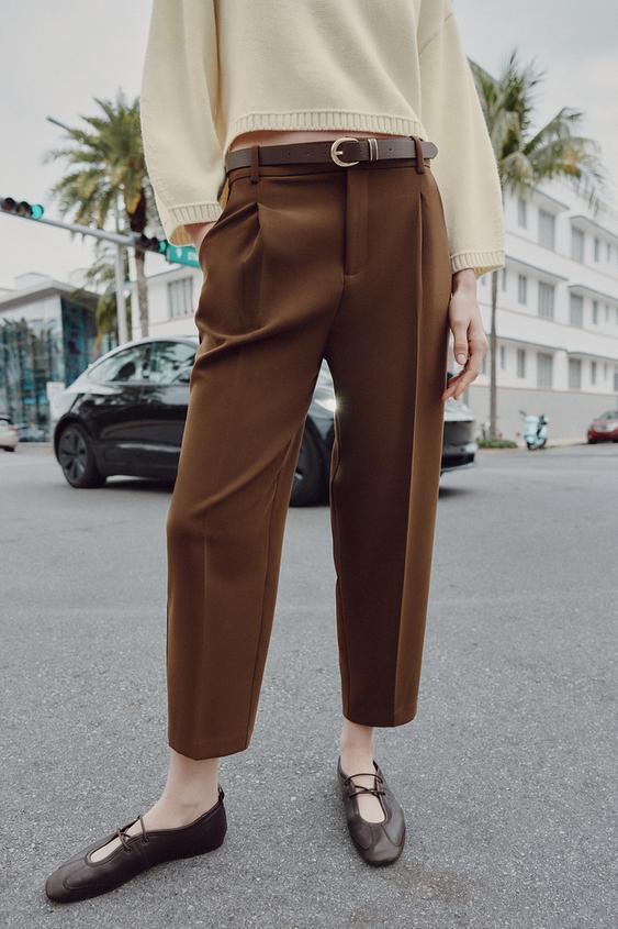 Zara Cropped Trousers with Darts and Belt (Brown)
