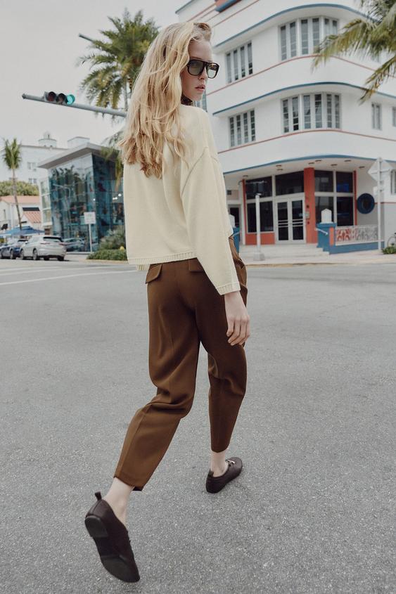 Zara Cropped Trousers with Darts and Belt (Brown)