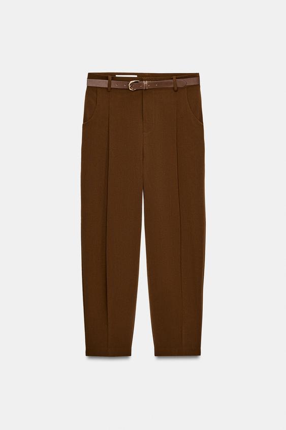 Zara Cropped Trousers with Darts and Belt (Brown)