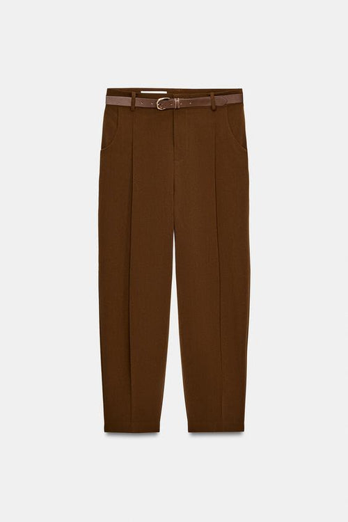 Zara Cropped Trousers with Darts and Belt (Brown)