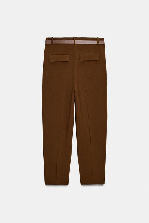 Zara Cropped Trousers with Darts and Belt (Brown)