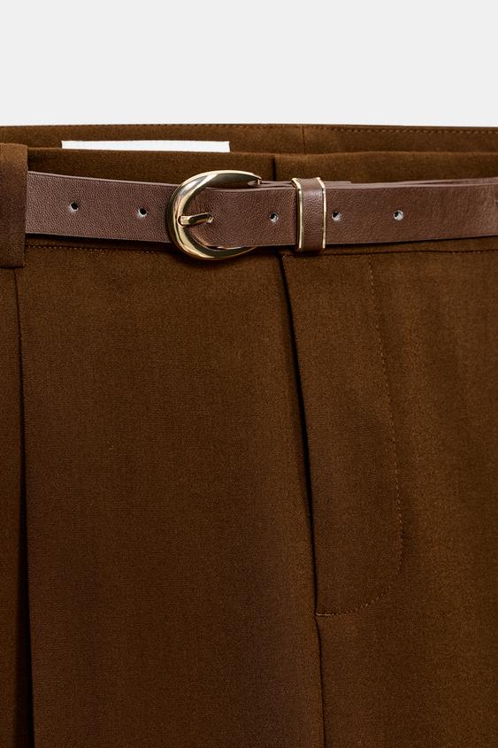Zara Cropped Trousers with Darts and Belt (Brown)