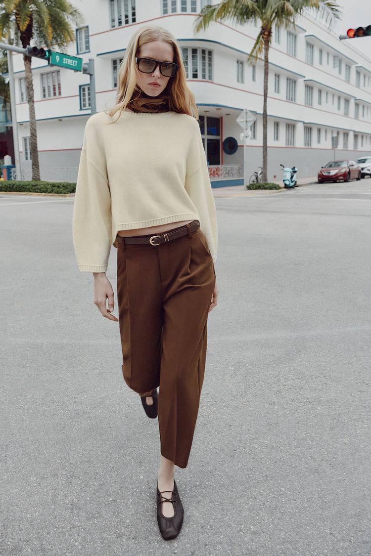 Zara Cropped Trousers with Darts and Belt (Brown)