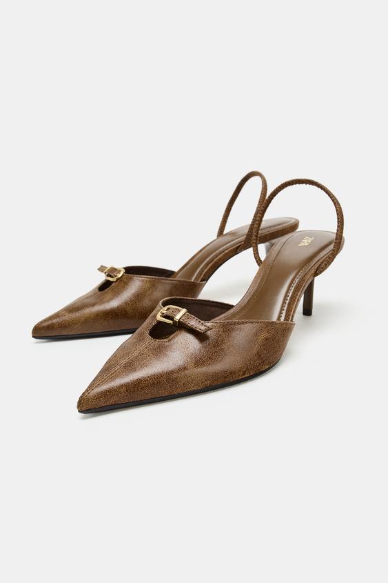 Zara Buckled Slingback Shoes (Brown)