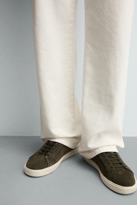Zara Leather Trainers (Khaki Green)