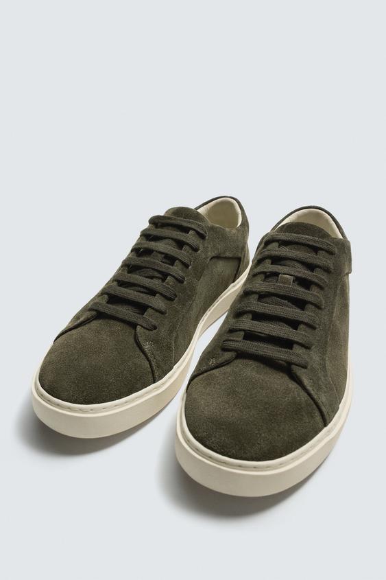 Zara Leather Trainers (Khaki Green)