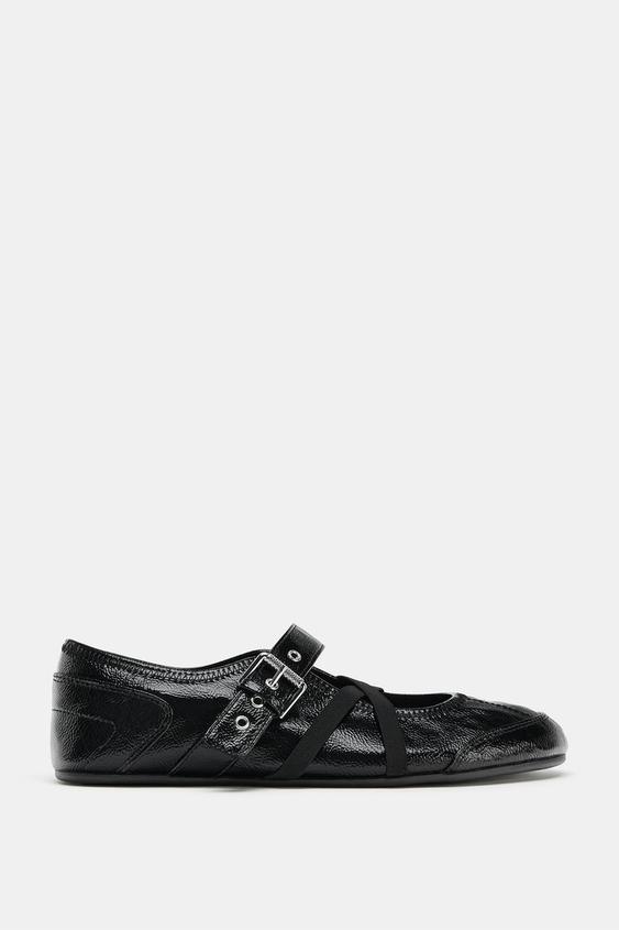 Zara Patent Effect Ballerina Shoes with Buckles (Black)