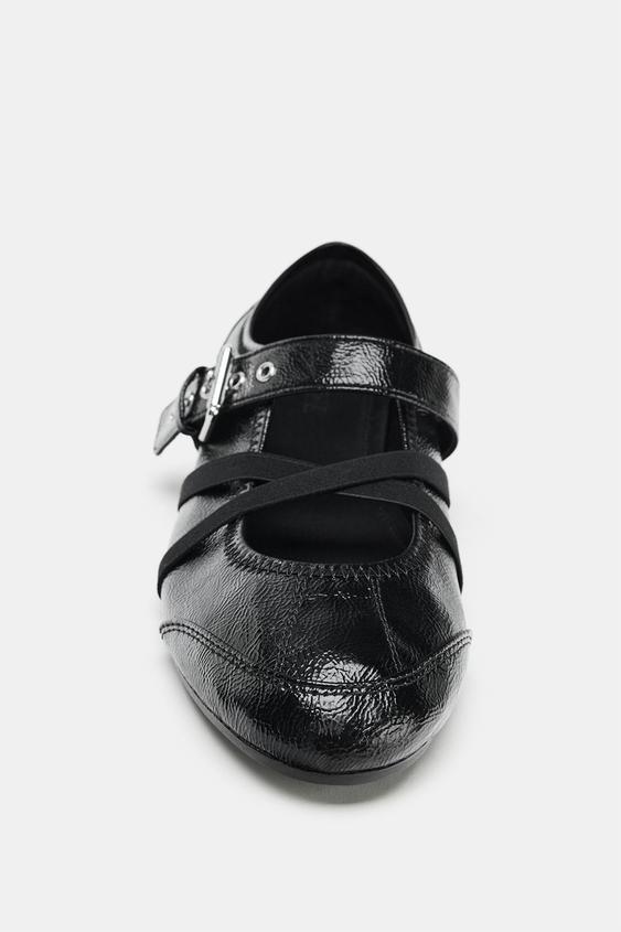 Zara Patent Effect Ballerina Shoes with Buckles (Black)
