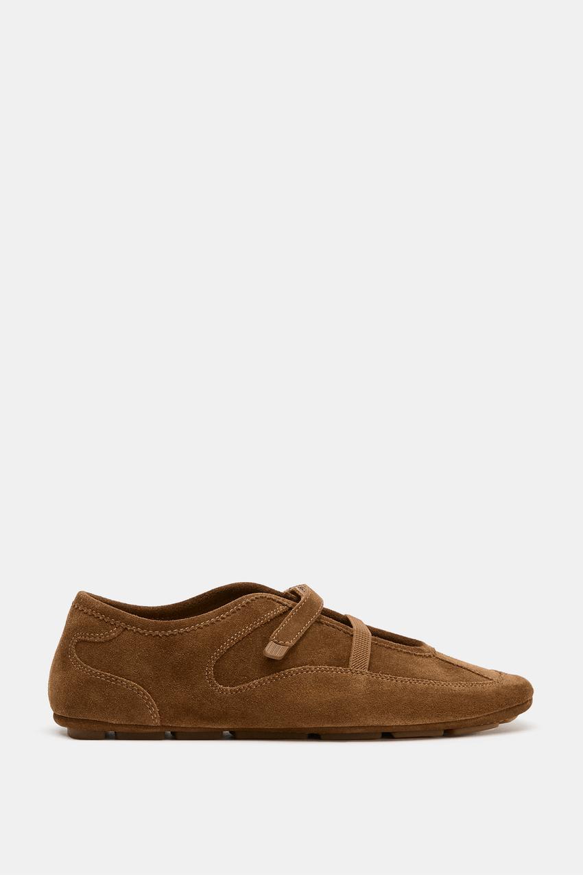 Zara Sporty Split Suede Ballet Flats (Brown)