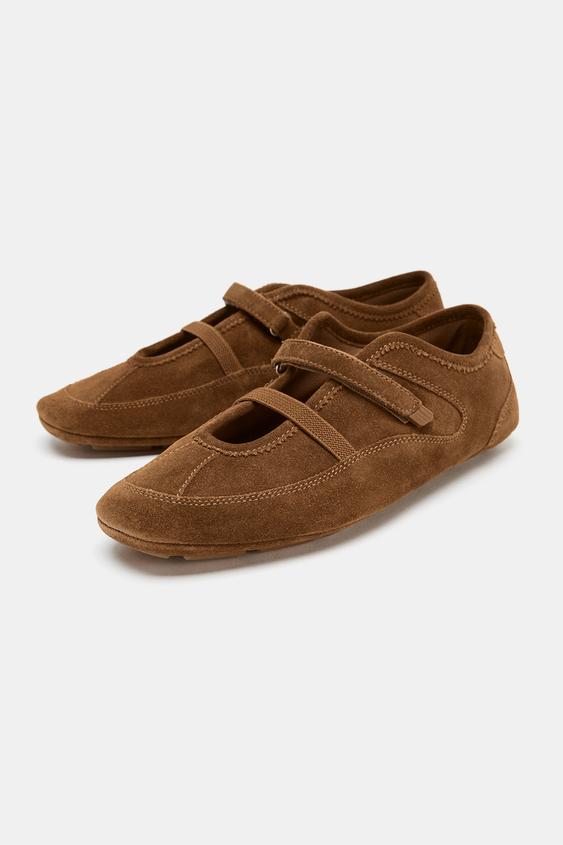 Zara Sporty Split Suede Ballet Flats (Brown)