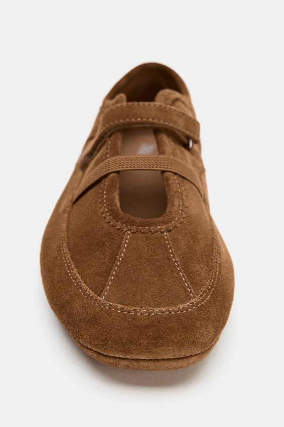 Zara Sporty Split Suede Ballet Flats (Brown)