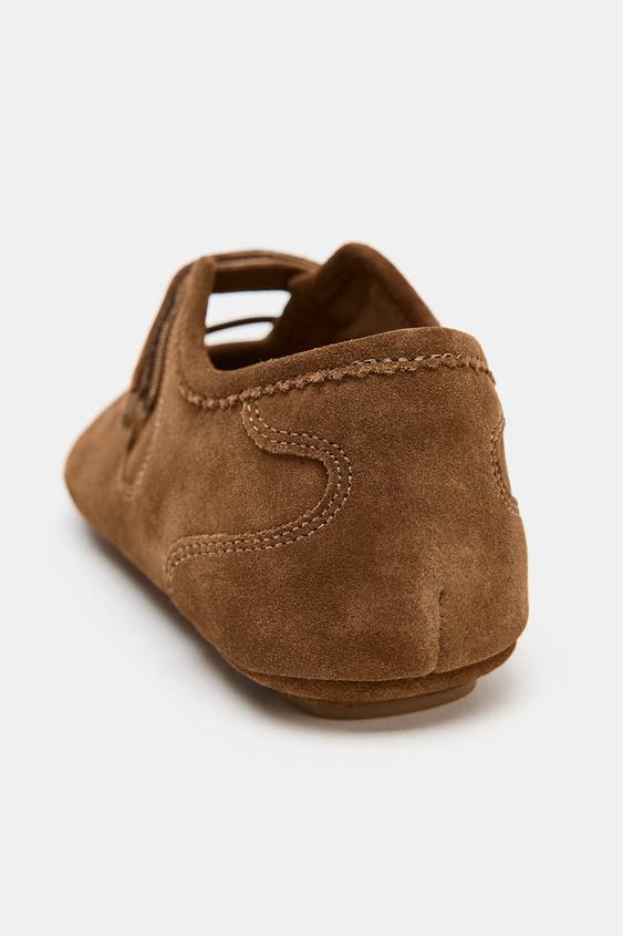 Zara Sporty Split Suede Ballet Flats (Brown)