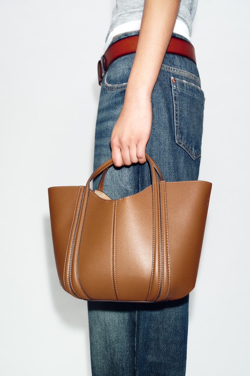 Zara Mini City Bag with Topstitching (Dark Tan)