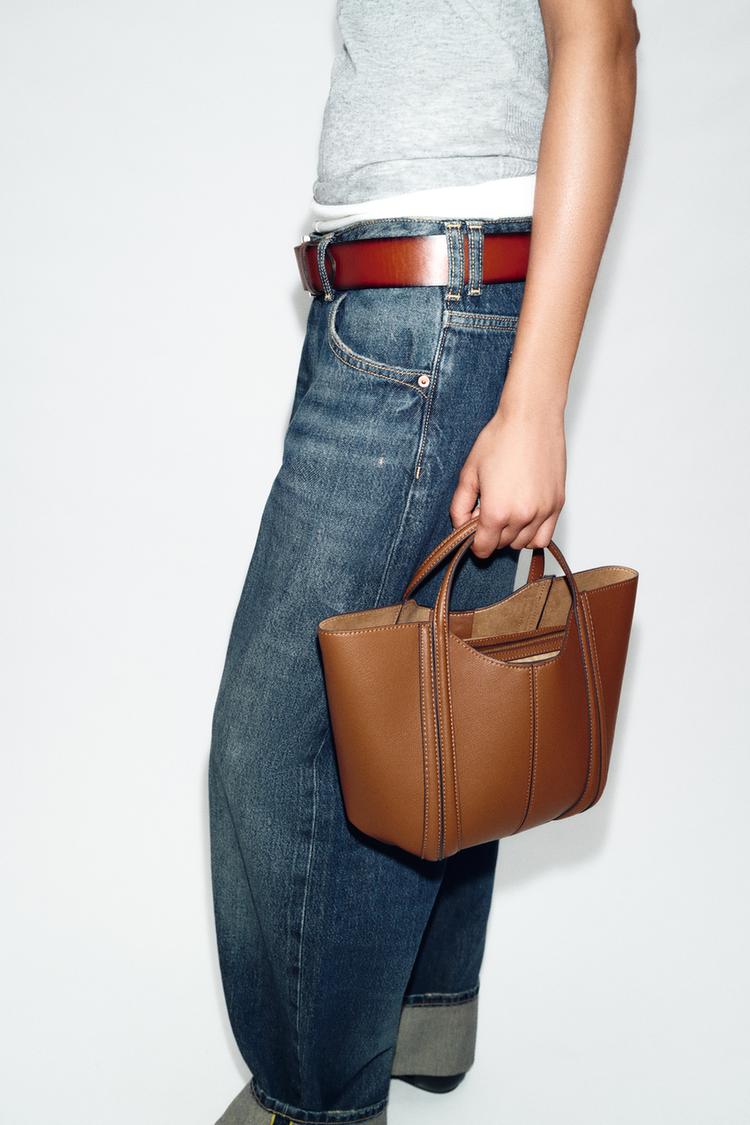 Zara Mini City Bag with Topstitching (Dark Tan)